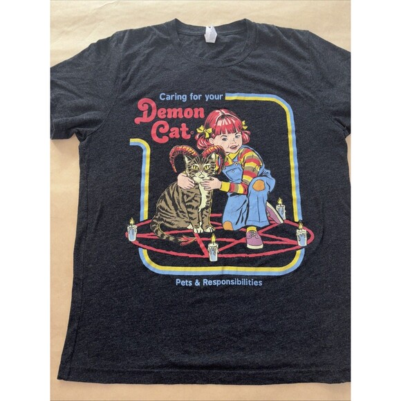 Steven Rhodes Caring for Your Demon Cat Size M Black Graphic T Shirt Cult Horror - Picture 2 of 7